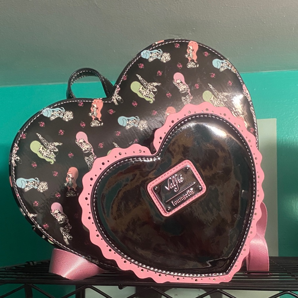 Loungefly Black Heart Backpack w Pink Trim & Multicolor Tattooed Character Print